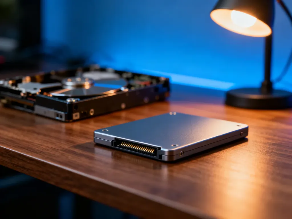 Nowoczesny dysk SSD na drewnianym biurku w zestawieniu ze starym dyskiem HDD, symbolizujący proces wymiany nośnika danych.
