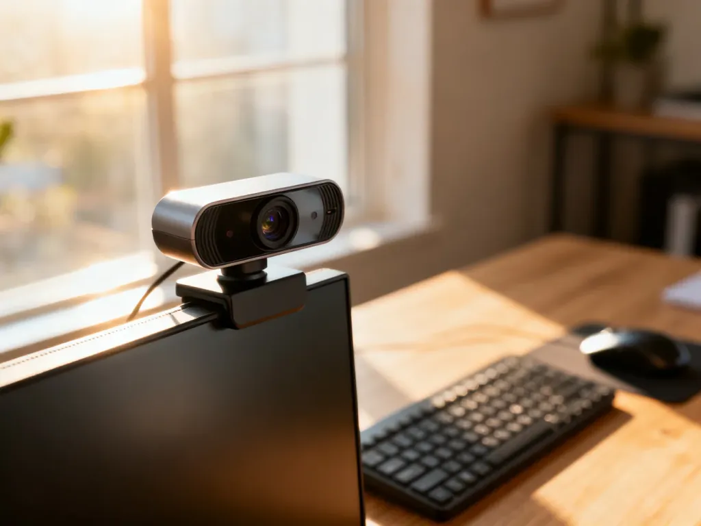 Nowoczesna kamera internetowa USB zamontowana na monitorze komputera w domowym biurze.