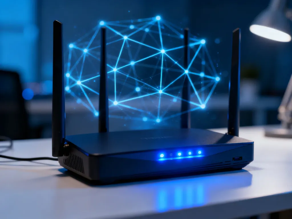 Nowoczesny router bezprzewodowy z aktywnymi diodami LED, symbolizujący przesył danych w sieci komputerowej.