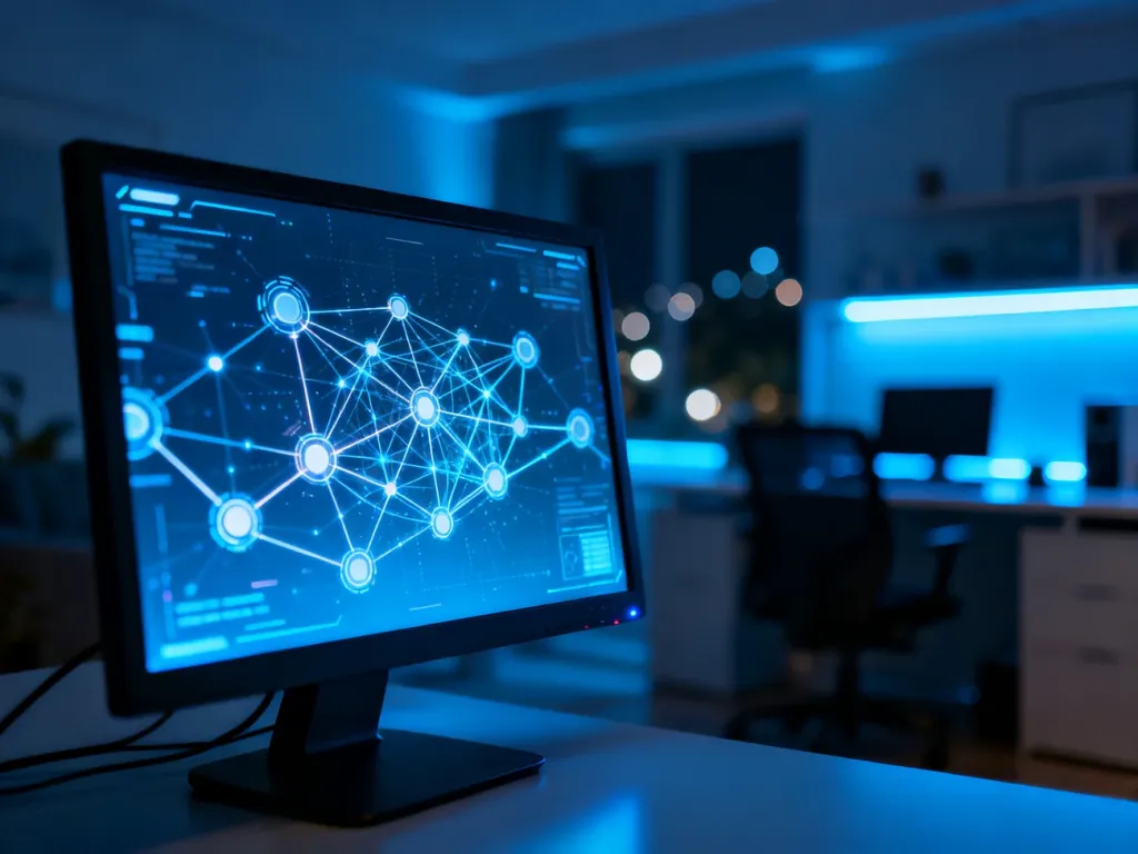 Monitor wyświetlający cyfrową sieć połączeń w nowoczesnym biurze domowym, symbolizujący technologię pulpitu zdalnego.