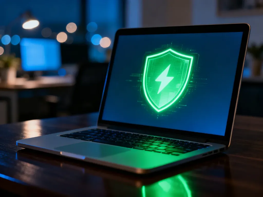 Ekran laptopa z ikoną zielonej tarczy, symbolizującą cyfrowe bezpieczeństwo i ochronę danych na komputerze.
