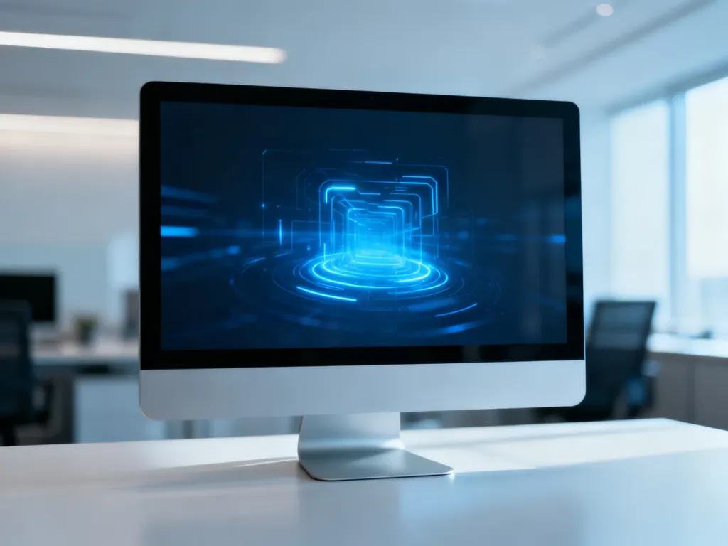 Nowoczesny monitor komputerowy z podświetlanym interfejsem w minimalistycznym biurze, symbolizujący technologię Windows 11.
