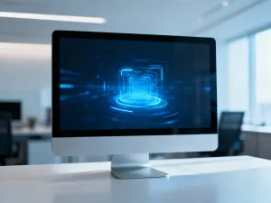 Nowoczesne stanowisko pracy z laptopem, na którego ekranie widać przejrzysty interfejs poczty elektronicznej.