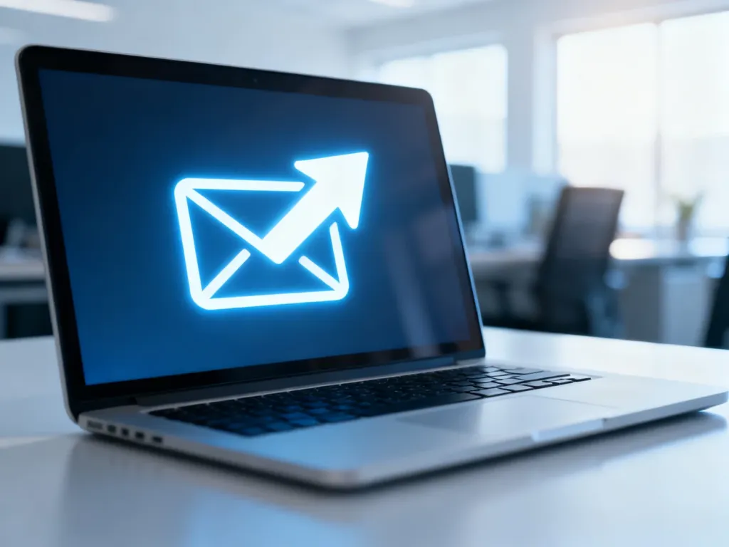 Ikona koperty z dużą strzałką na ekranie laptopa, symbolizująca proces przekazywania wiadomości e-mail.