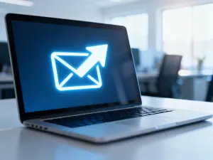Nowoczesne stanowisko pracy z monitorem wyświetlającym cyfrowy kalendarz na tle serwerowni, symbolizujące wsparcie techniczne.