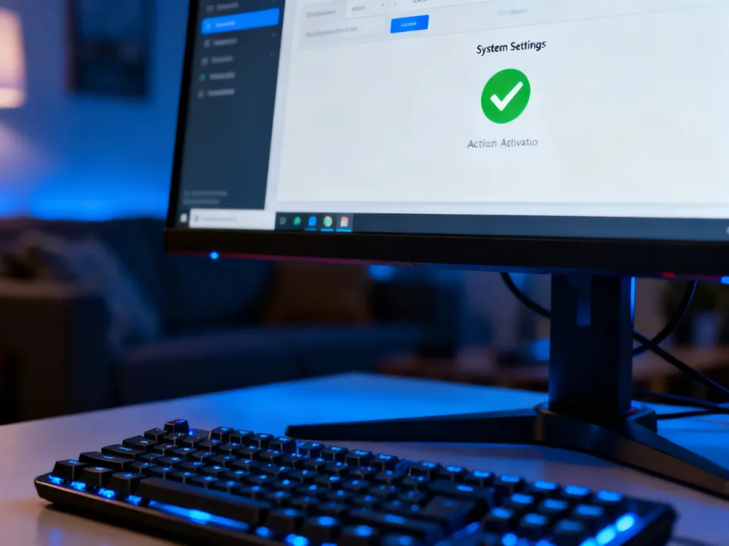 Ekran monitora z ikoną zielonego znacznika potwierdzającą pomyślną aktywację systemu Windows w ustawieniach komputera.