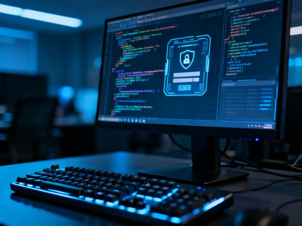 Monitor z kodem programistycznym i panelem uwierzytelniania, symbolizujący proces generowania klucza API Steam.