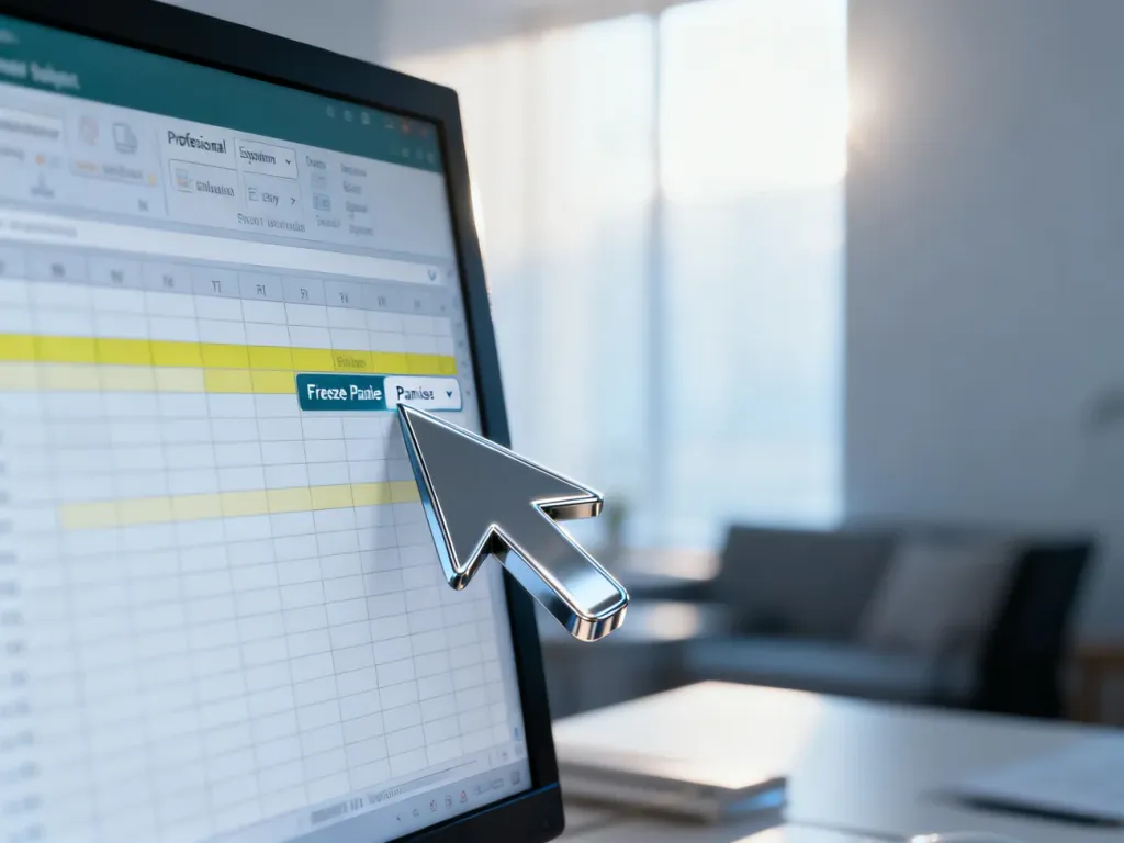 Monitor z otwartym arkuszem Excel, na którym kursor wskazuje opcję blokowania wierszy w menu programu.