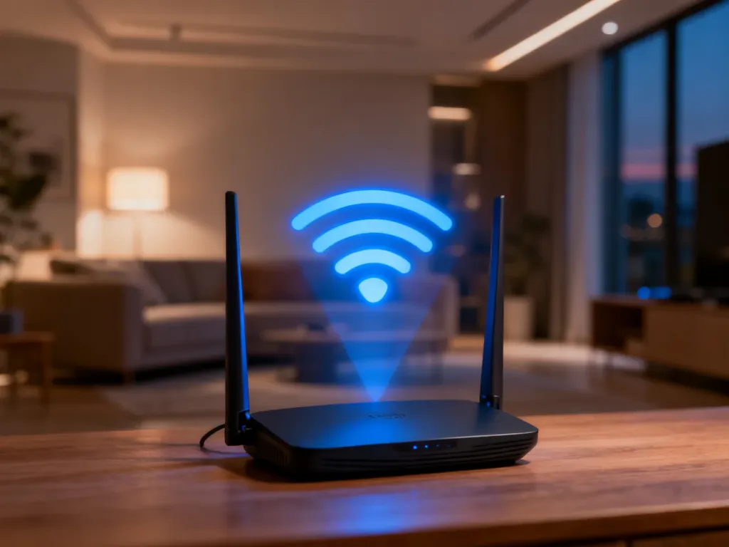 Nowoczesny router w przytulnym salonie z wizualizacją silnego sygnału WiFi, symbolizującą poprawę zasięgu w domu.