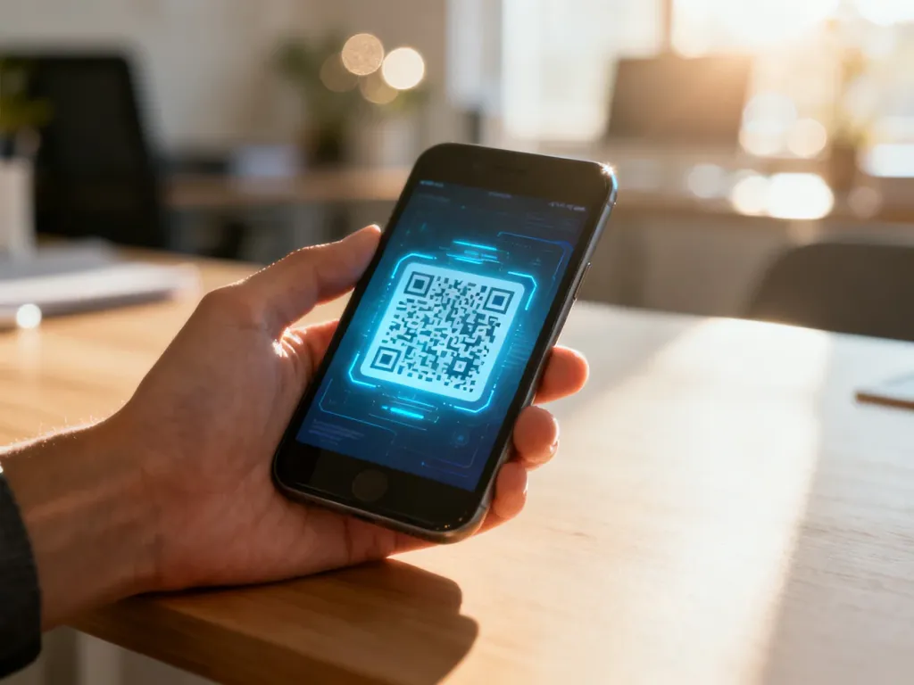 Dłoń trzymająca smartfon z aktywnym skanerem kodów QR na ekranie, w jasnym domowym biurze.