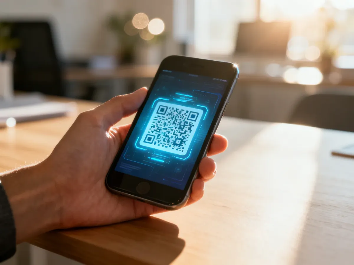 Dłoń trzymająca smartfon z aktywnym skanerem kodów QR na ekranie, w jasnym domowym biurze.