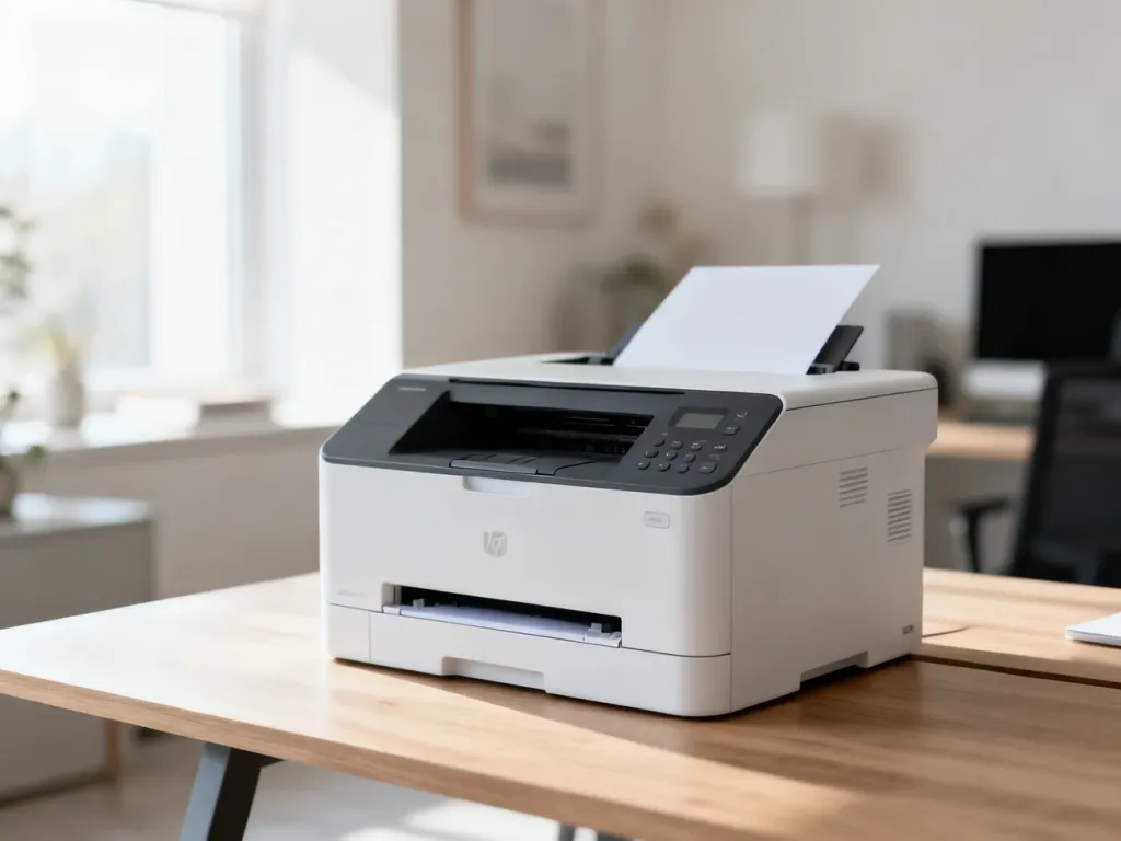 Nowoczesna drukarka laserowa monochromatyczna ustawiona na minimalistycznym biurku w jasnym biurze domowym.