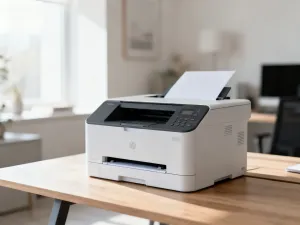 Nowoczesny laptop na drewnianym biurku z ikoną chmury na ekranie, symbolizującą przesyłanie plików online.
