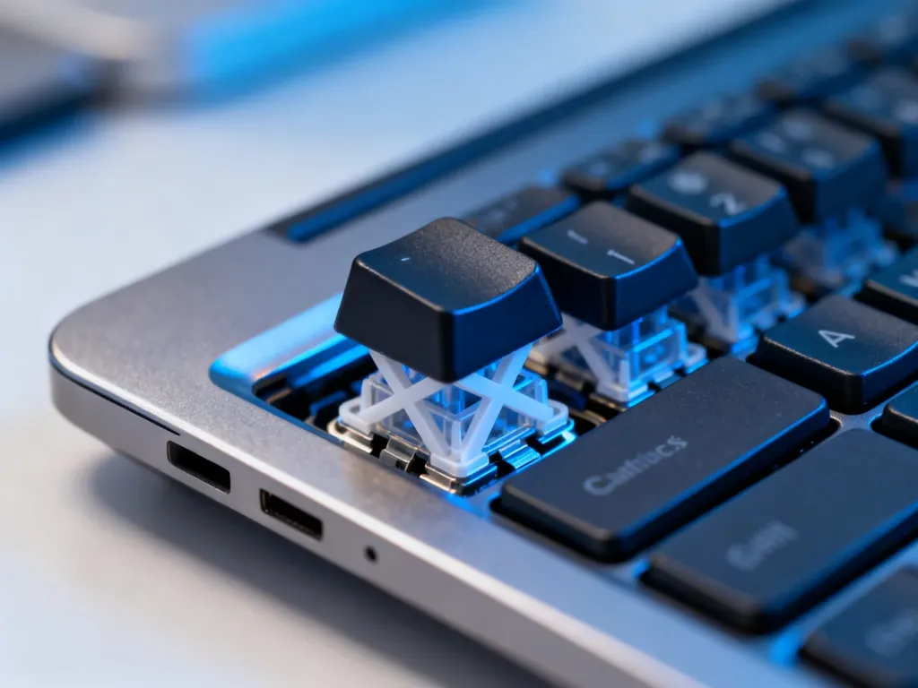 Zbliżenie na mechanizm nożycowy klawiatury laptopa z widocznymi stabilizatorami w kształcie litery X.
