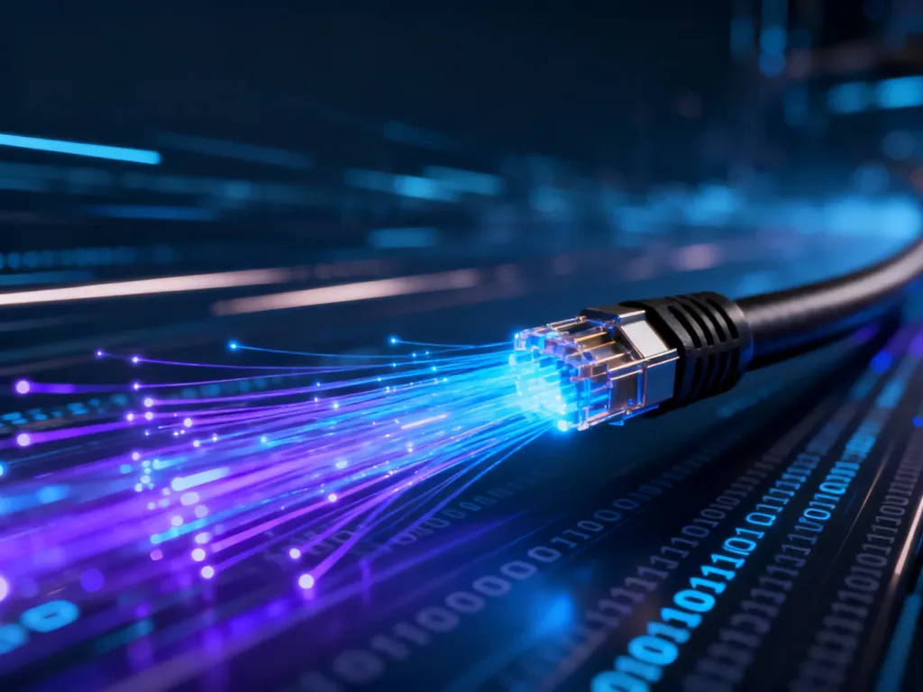 Światłowodowy kabel z pulsującym światłem symbolizujący szybki transfer danych w sieci internetowej.