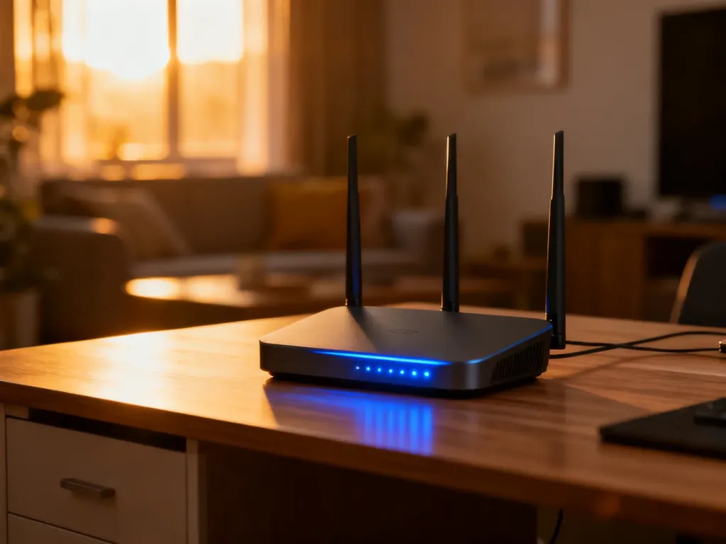 Nowoczesny router Wi-Fi ustawiony na drewnianym biurku w słonecznym salonie, gotowy do optymalizacji domowej sieci.