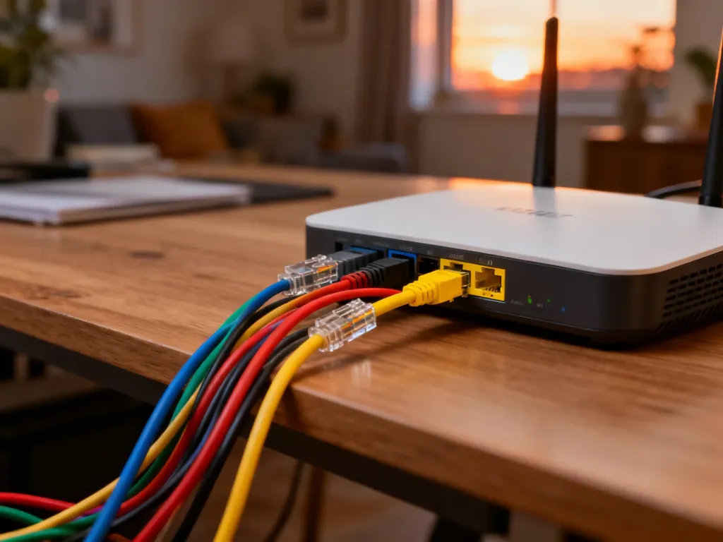 Dłoń podłączająca kabel Ethernet do żółtego portu LAN w routerze TP-Link na drewnianym biurku.
