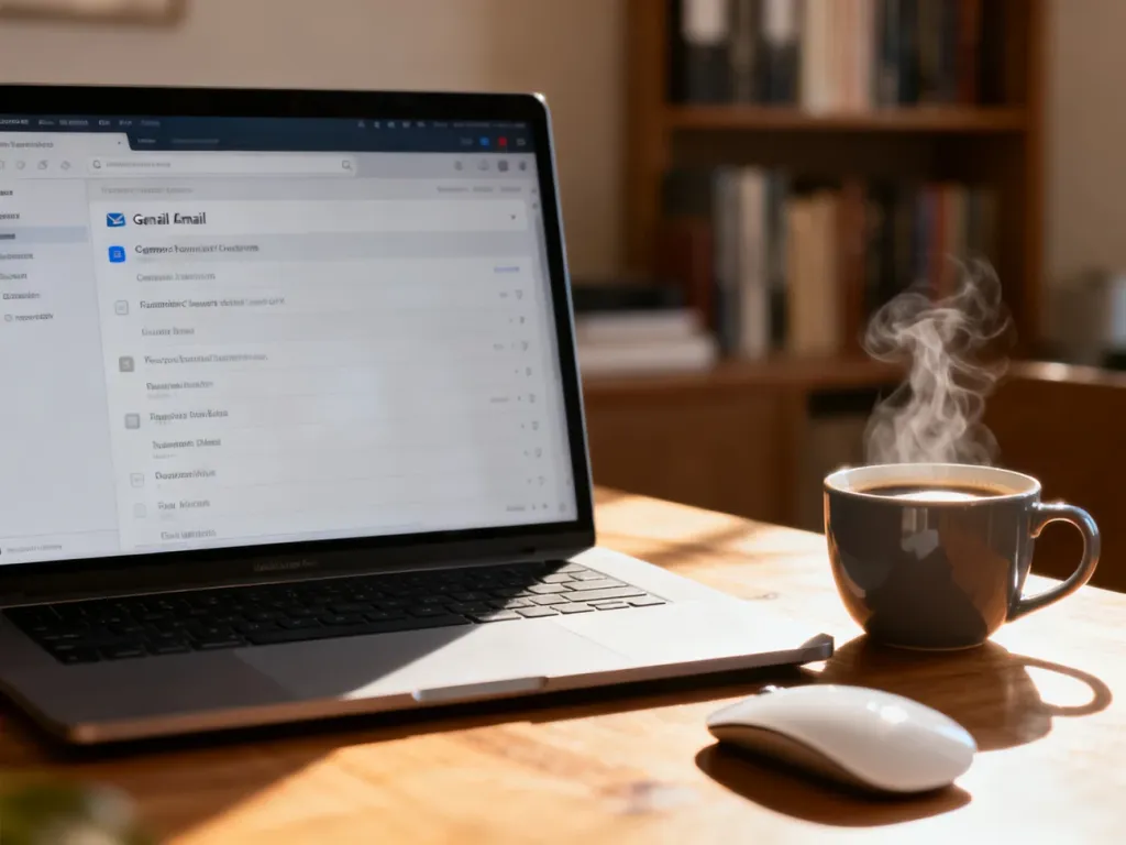Nowoczesne stanowisko pracy z laptopem wyświetlającym skrzynkę odbiorczą poczty e-mail na drewnianym biurku.