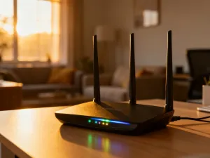 Ikona tarczy bezpieczeństwa na ekranie laptopa oraz metalowa kłódka na biurku, symbolizujące ochronę danych logowania.