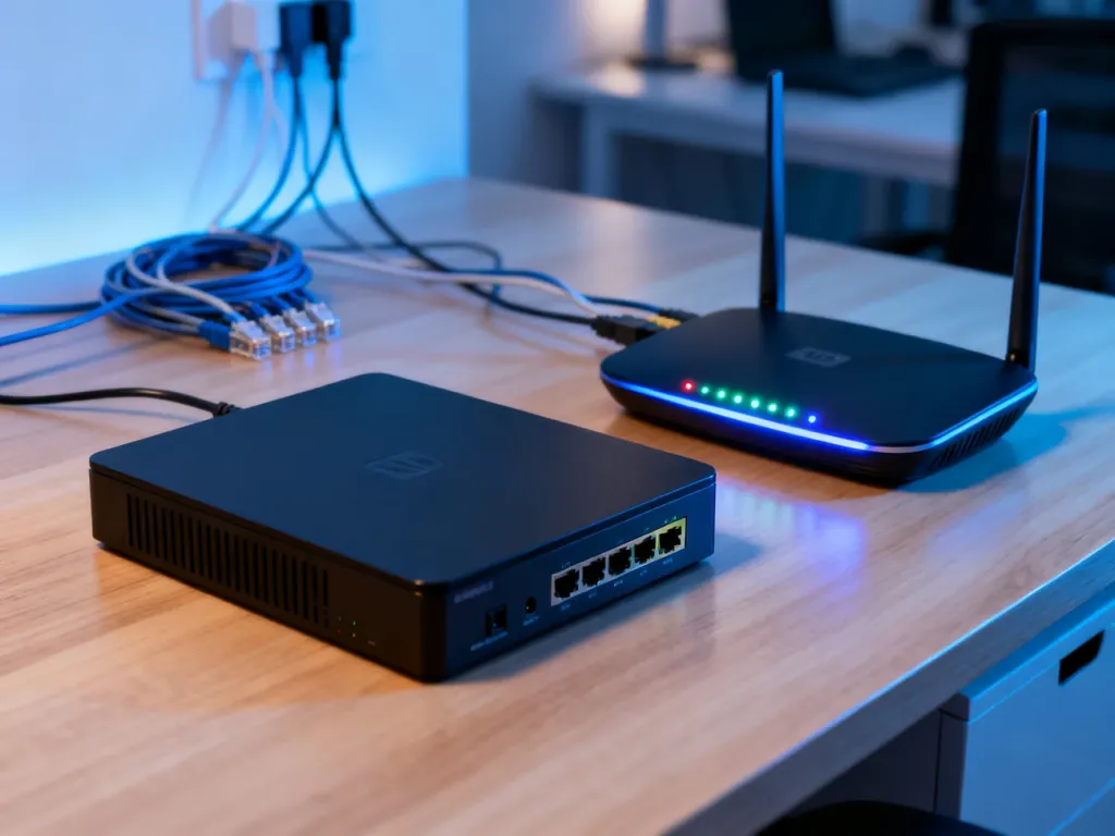 Nowoczesny modem i router z diodami LED na drewnianym biurku, ilustrujące sprzęt sieciowy w domowym biurze.