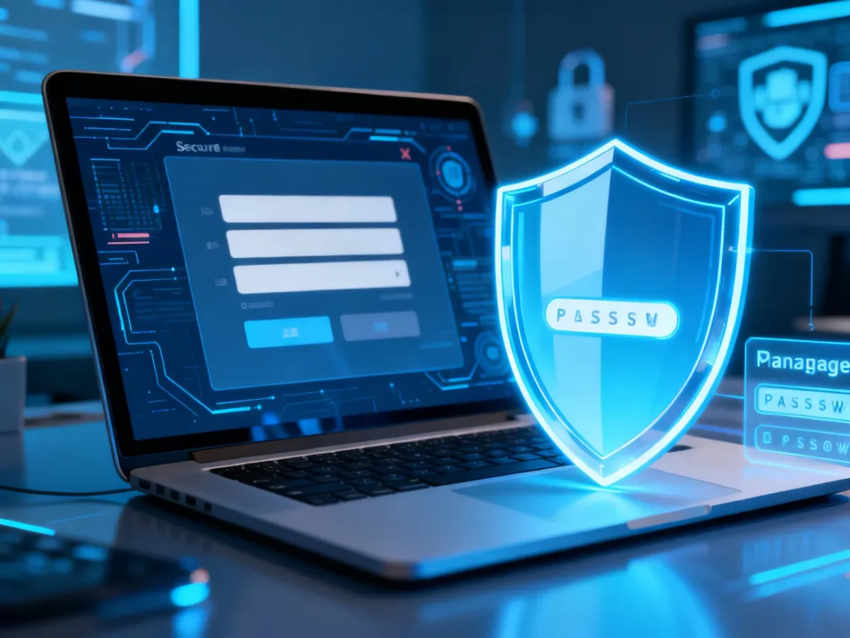 Laptop z symbolem ochrony cyfrowego konta i menedżerem haseł