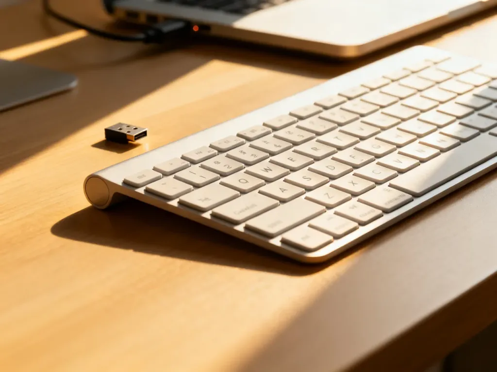Nowoczesna klawiatura bezprzewodowa na drewnianym biurku z odbiornikiem USB podłączonym do laptopa w tle.