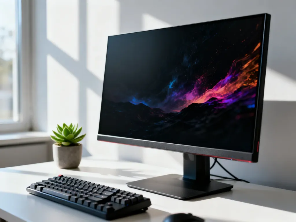 Nowoczesny monitor 4K z wyraźnym obrazem na biurku w minimalistycznym domowym biurze.