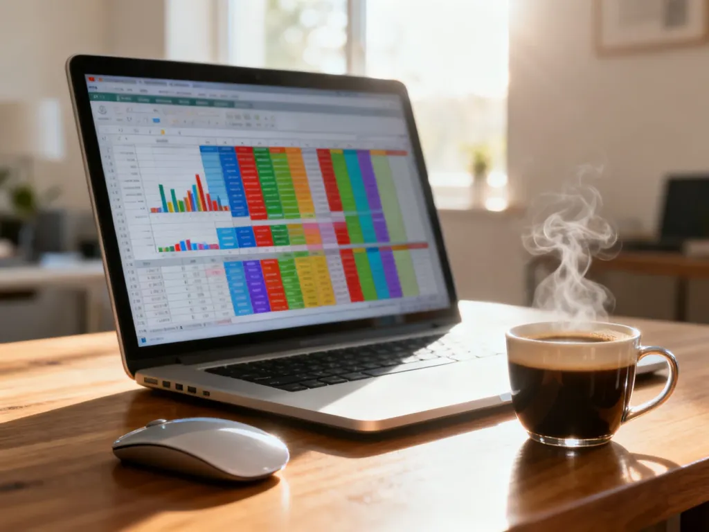 Ekran laptopa z arkuszem kalkulacyjnym Excel, myszką i kawą na biurku, ilustrujący pracę z danymi w domowym biurze.