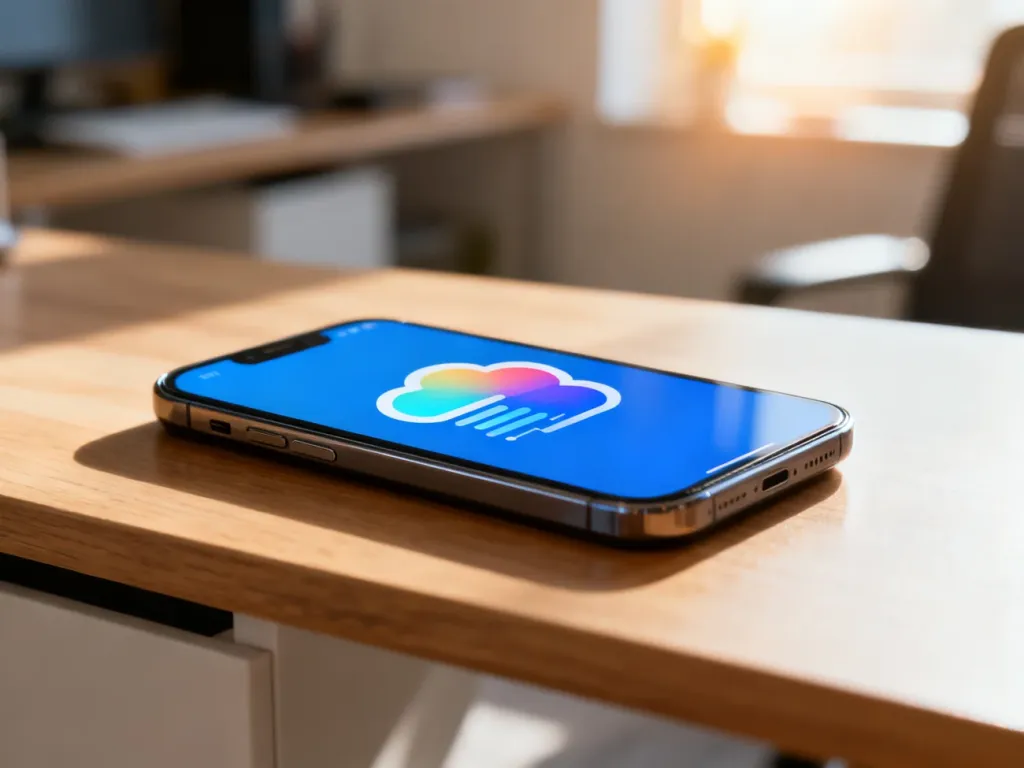 Nowoczesny smartfon na drewnianym biurku z ikoną chmury na ekranie, symbolizującą przechowywanie zdjęć w chmurze.