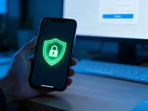 Nowoczesny router bezprzewodowy na drewnianym biurku z wizualizacją fal przesyłu danych w tle.