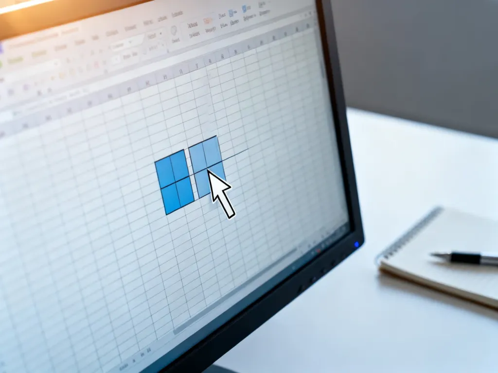 Monitor komputerowy z otwartym arkuszem Excel, na którym kursor łączy dwie sąsiednie komórki w jedną.