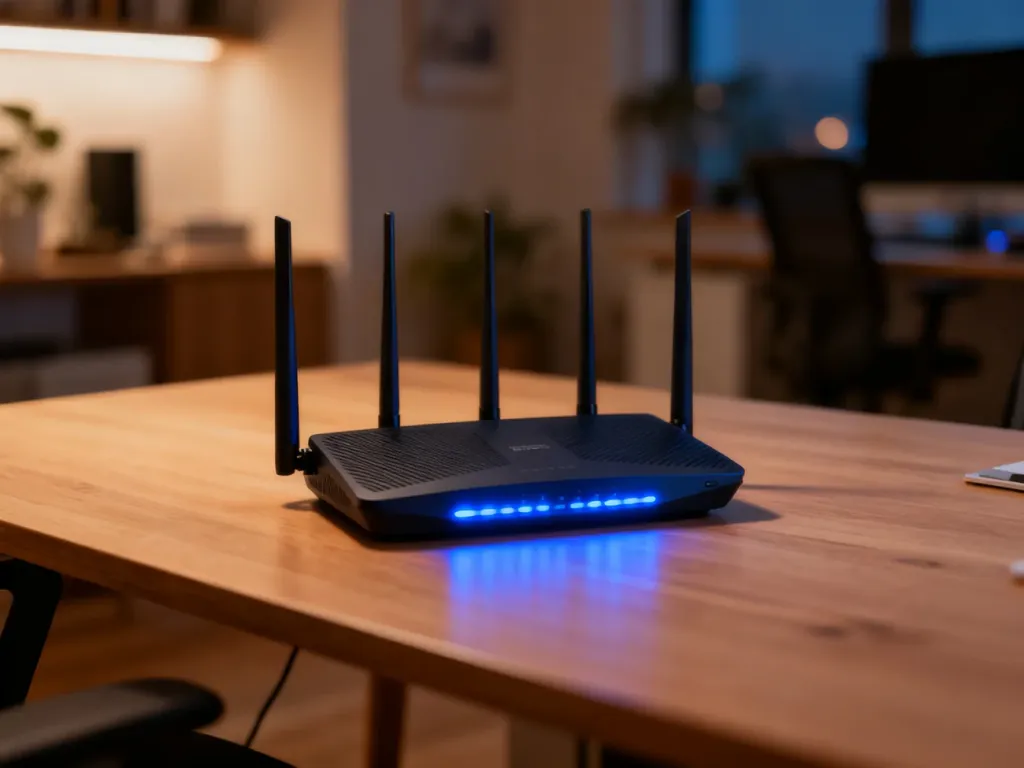 Nowoczesny router WiFi z świecącymi diodami na drewnianym biurku, symbolizujący aktywne połączenie z siecią w domu.