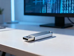Nowoczesny router na biurku obok splątanych kabli i smartfona z ikoną braku połączenia z siecią Wi-Fi.
