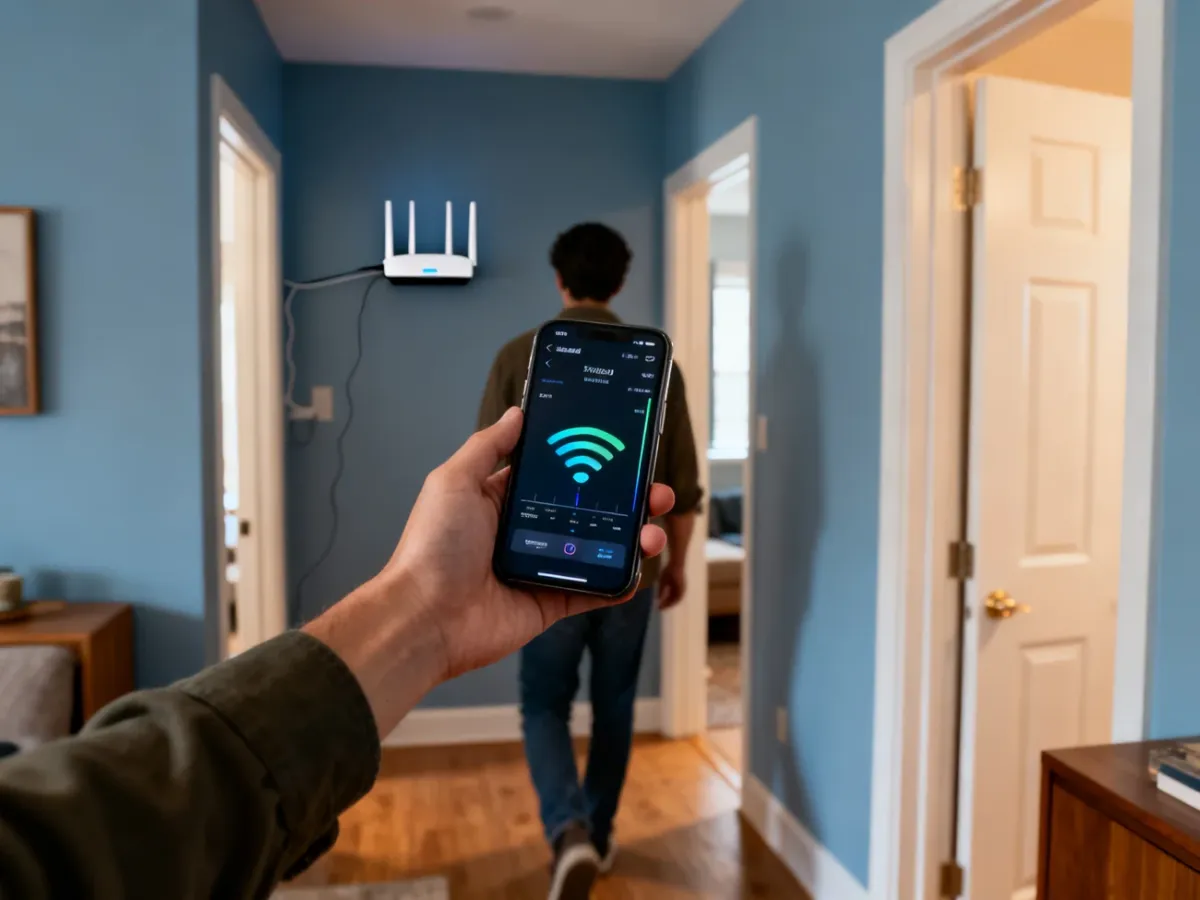 Osoba mierząca siłę sygnału Wi-Fi w różnych pomieszczeniach za pomocą smartfona