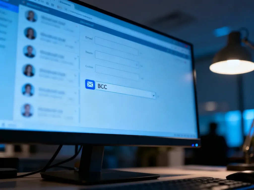 Ekran komputera z widocznym polem UDW (BCC) w oknie tworzenia wiadomości e-mail w programie Outlook.