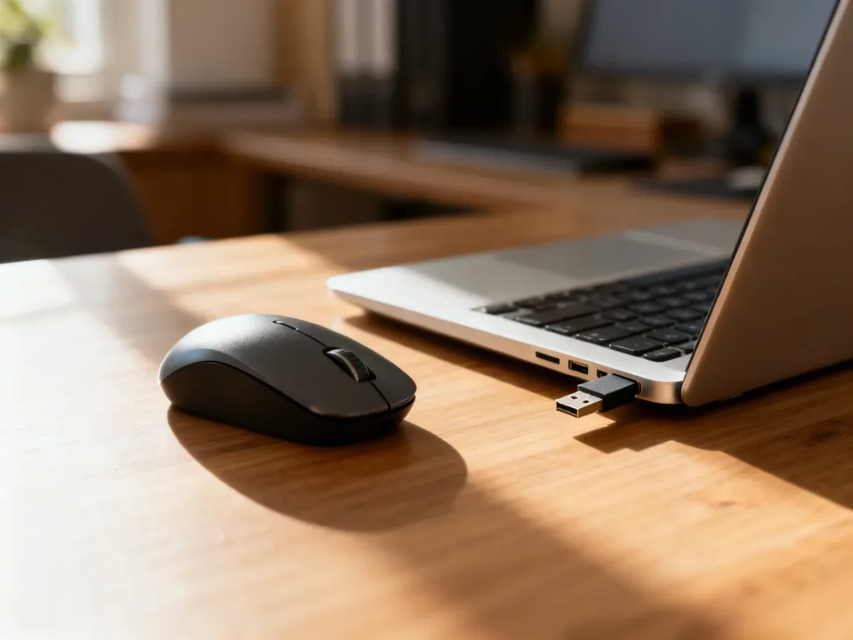 Nowoczesna mysz bezprzewodowa podłączona do laptopa za pomocą odbiornika USB na uporządkowanym biurku.