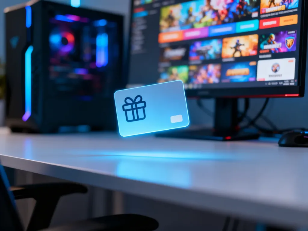 Cyfrowa karta podarunkowa Steam leżąca na biurku, symbolizująca łatwy sposób na zakup gier w sklepie internetowym.