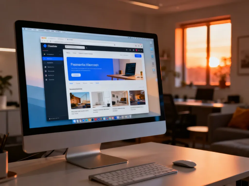 Nowoczesny interfejs przeglądarki Microsoft Edge wyświetlony na monitorze w przytulnym, profesjonalnym domowym biurze.