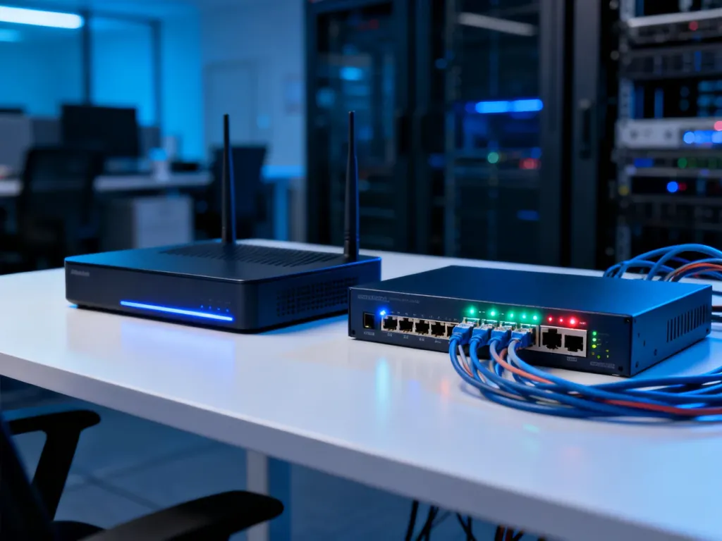 Nowoczesny router i switch sieciowy z migającymi diodami LED ustawione obok siebie na minimalistycznym biurku.