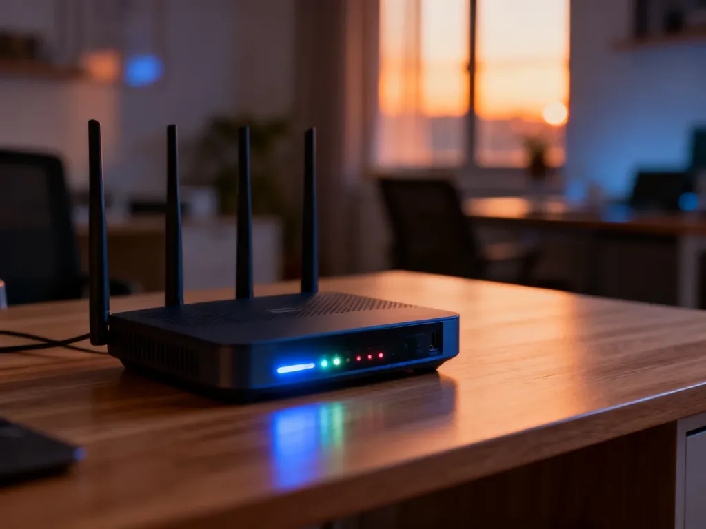 Nowoczesny router bezprzewodowy z aktywnymi diodami LED na drewnianym biurku, symbolizujący działanie domowej sieci Wi-Fi.