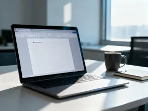 Spód nowoczesnej myszy optycznej z widocznym czerwonym światłem sensora na minimalistycznym biurku.