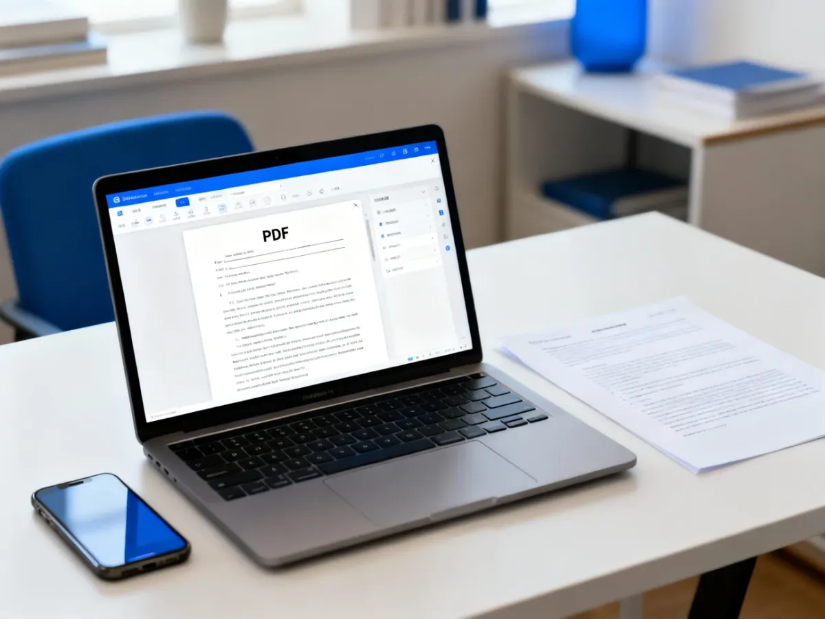 Laptop z otwartym dokumentem PDF oraz smartfon i wydrukowany dokument na biurku