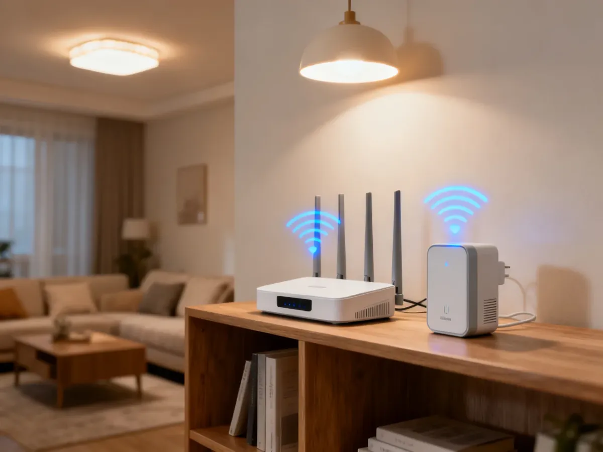 Router i wzmacniacz Wi-Fi połączone bezprzewodowo w domowym wnętrzu