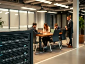Nowoczesne stanowisko komputerowe z futurystycznym interfejsem systemu operacyjnego w odcieniach niebieskiego i fioletu.