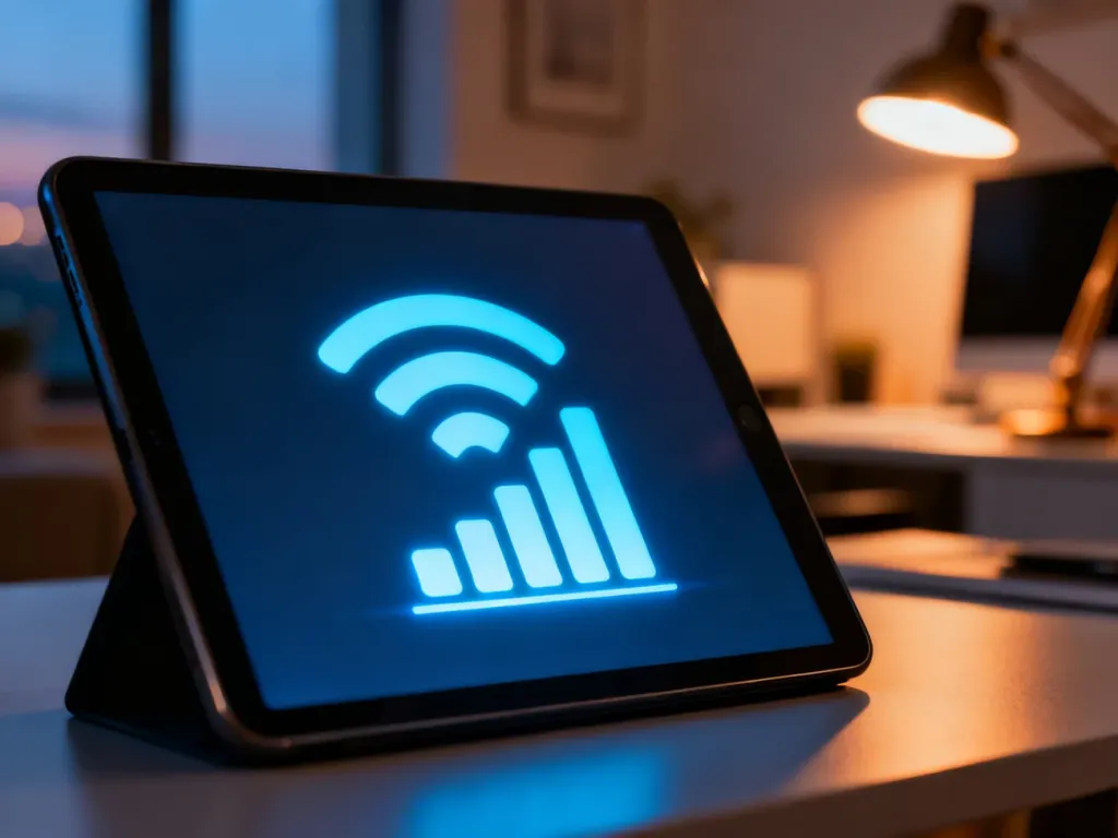 Tablet z ikoną pełnego zasięgu Wi-Fi na ekranie, prezentujący optymalne połączenie internetowe w domowym biurze.