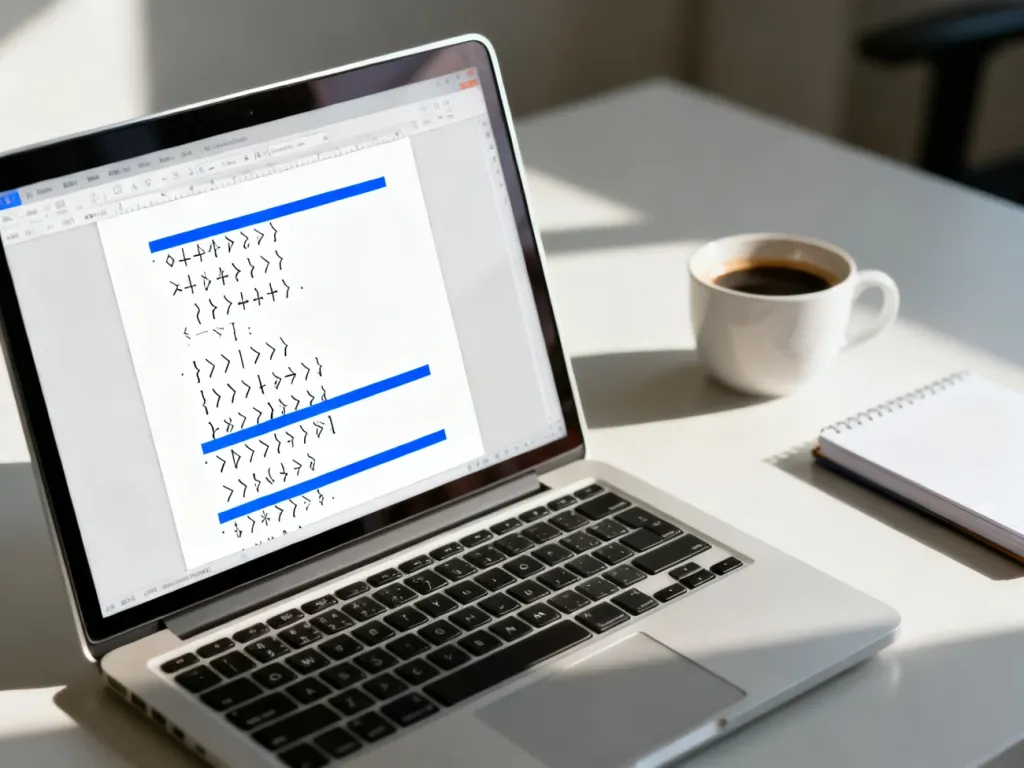 Ekran laptopa z widocznymi symbolami formatowania i niebieskimi liniami podziału sekcji w dokumencie programu Word.