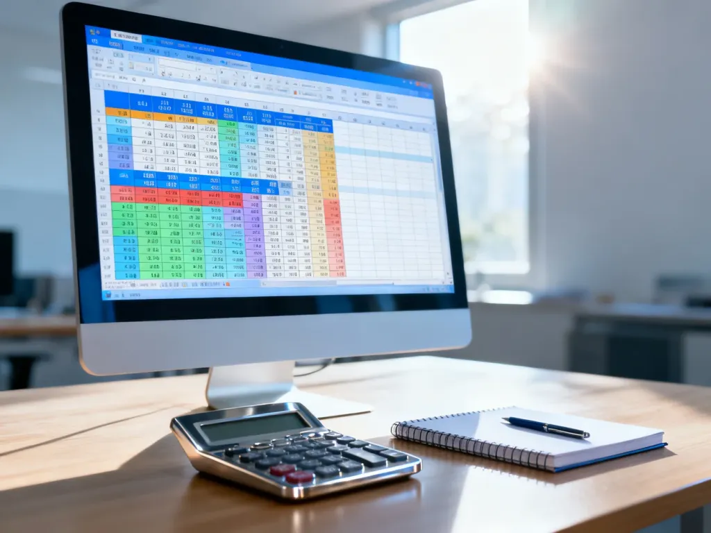 Monitor z arkuszem kalkulacyjnym i obliczeniami dat na biurku, symbolizujący pracę z danymi w programie Excel.