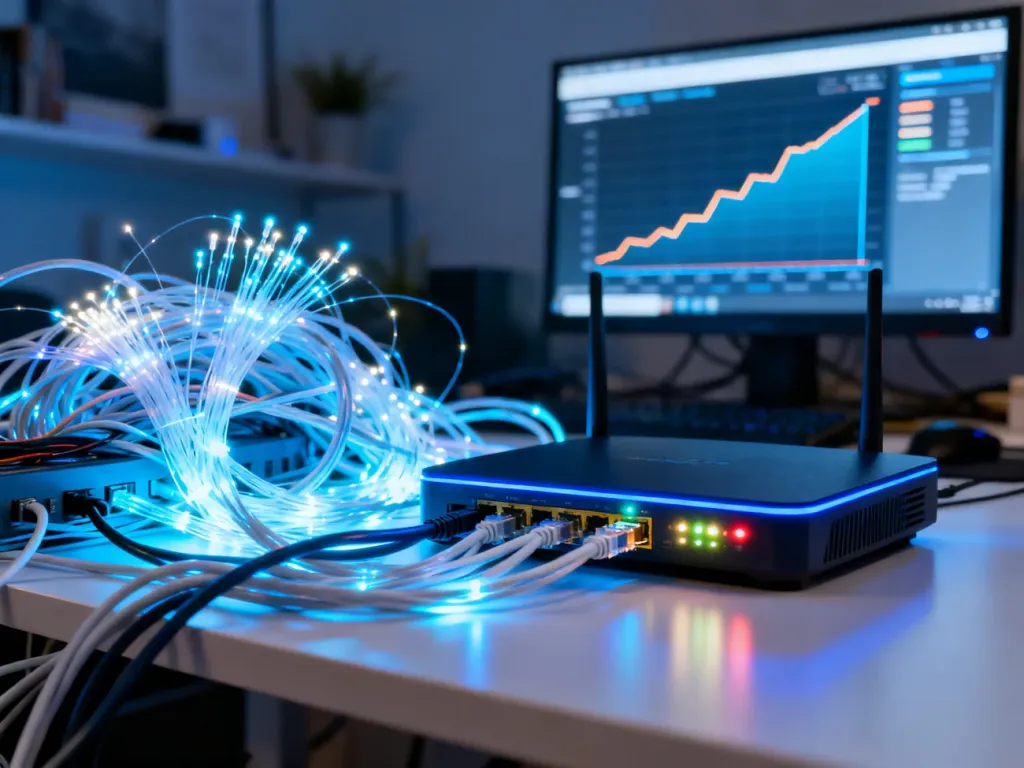 Nowoczesny router z plątaniną kabli światłowodowych oraz wykres diagnostyczny prędkości łącza na monitorze.