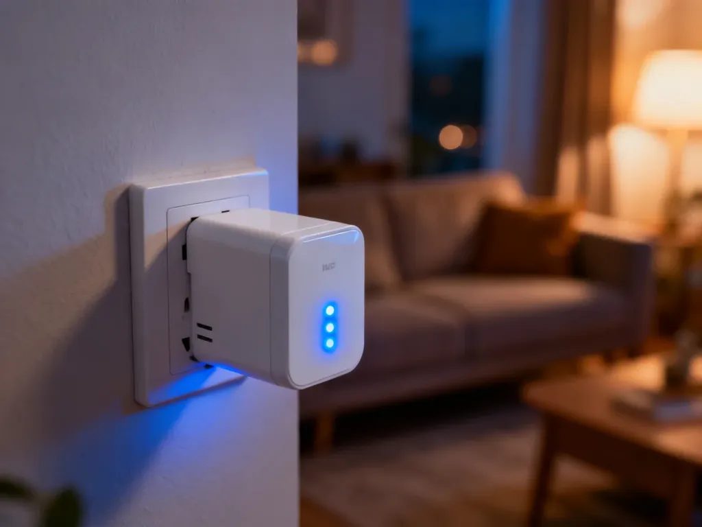 Nowoczesny wzmacniacz sygnału Wi-Fi wpięty do gniazdka elektrycznego w przytulnym salonie.