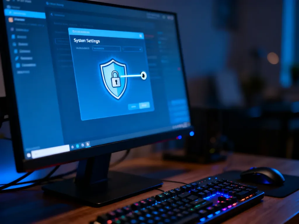 Ekran komputera z ikoną odblokowywanej tarczy zabezpieczeń w przyciemnionym biurze, symbolizujący wyłączanie funkcji BitLocker.